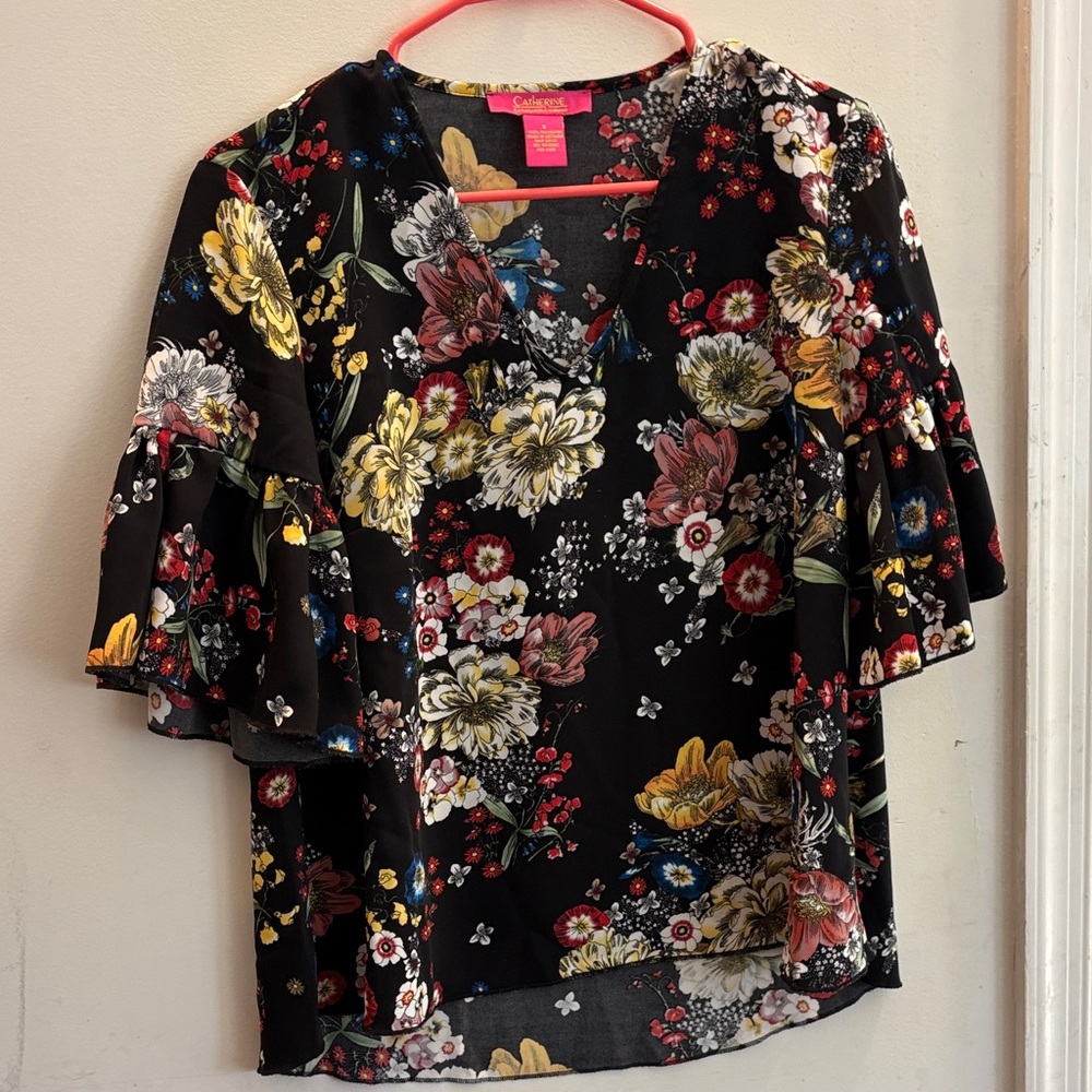 Catherine Malandrino Black Floral V-Neck Flutter Sleeve Blouse